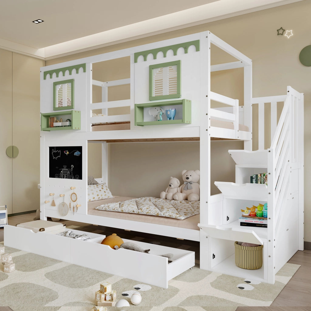 Letto a castello per bambini 90x200 cm con scala contenitore, 2 cassetti, lavagna e pannello forato, bianco+verde