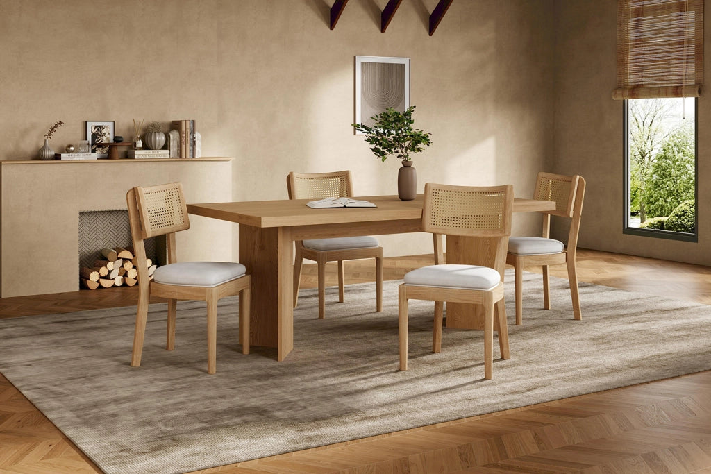 Set di 2 sedie da pranzo in legno massello con schienale in rattan e cuscino in lino, stile moderno, colore legno