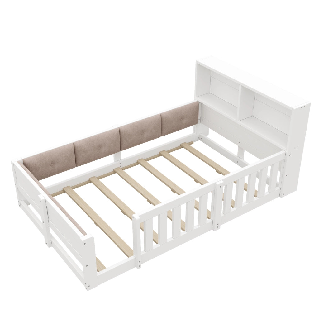 Lettino per bambini con sponde di sicurezza e testiera con contenitore; 90x200 cm; bianco