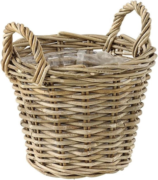 Vassoio con maniglie - Ø 30 cm - altezza 23 cm - intreccio grigio/marrone - per piante