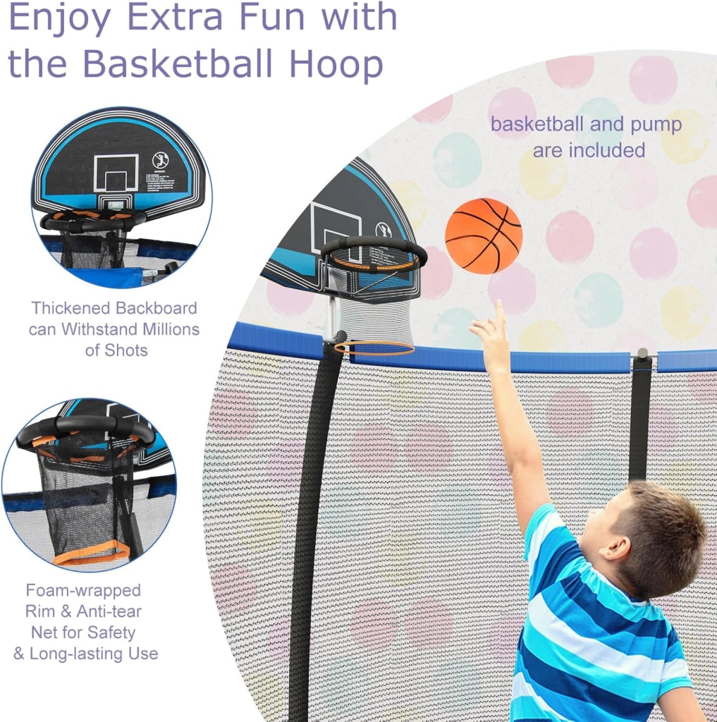 Trampolino da giardino rotondo con rete di sicurezza e copertura per bordi per bambini e adulti, blu + nero