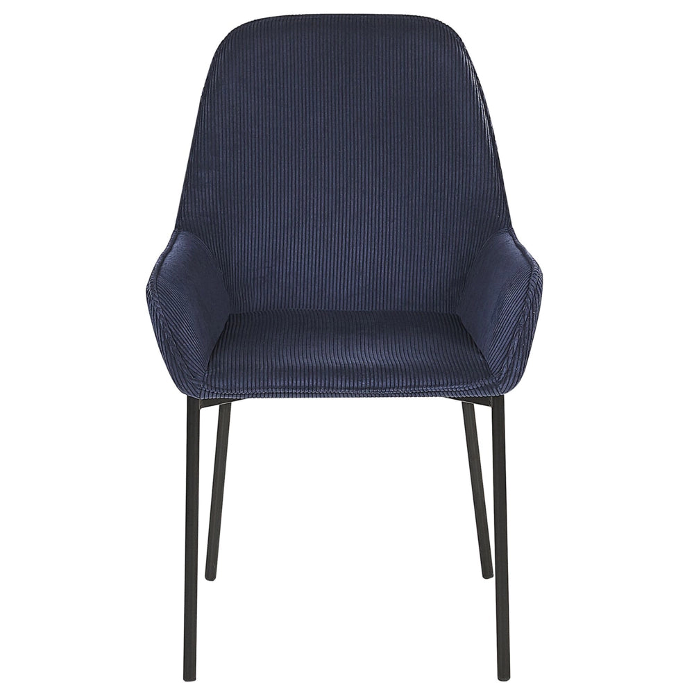 Set di 2 sedie per sala da pranzo Seduta imbottita in tessuto di velluto a coste blu Gambe in metallo Nero Stile moderno