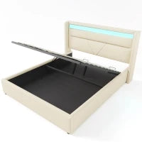 Rete per Letto Contenitore Matrimoniale con LED e Telecomando Struttura Imbottita idraulica, 140x200 cm,Bianco