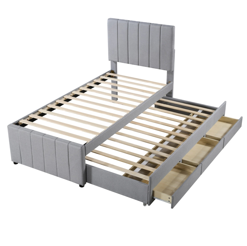 Letto singolo imbottito ULEVR 90x200 cm con letto estraibile 90x190 e 3 cassetti, tessuto grigio