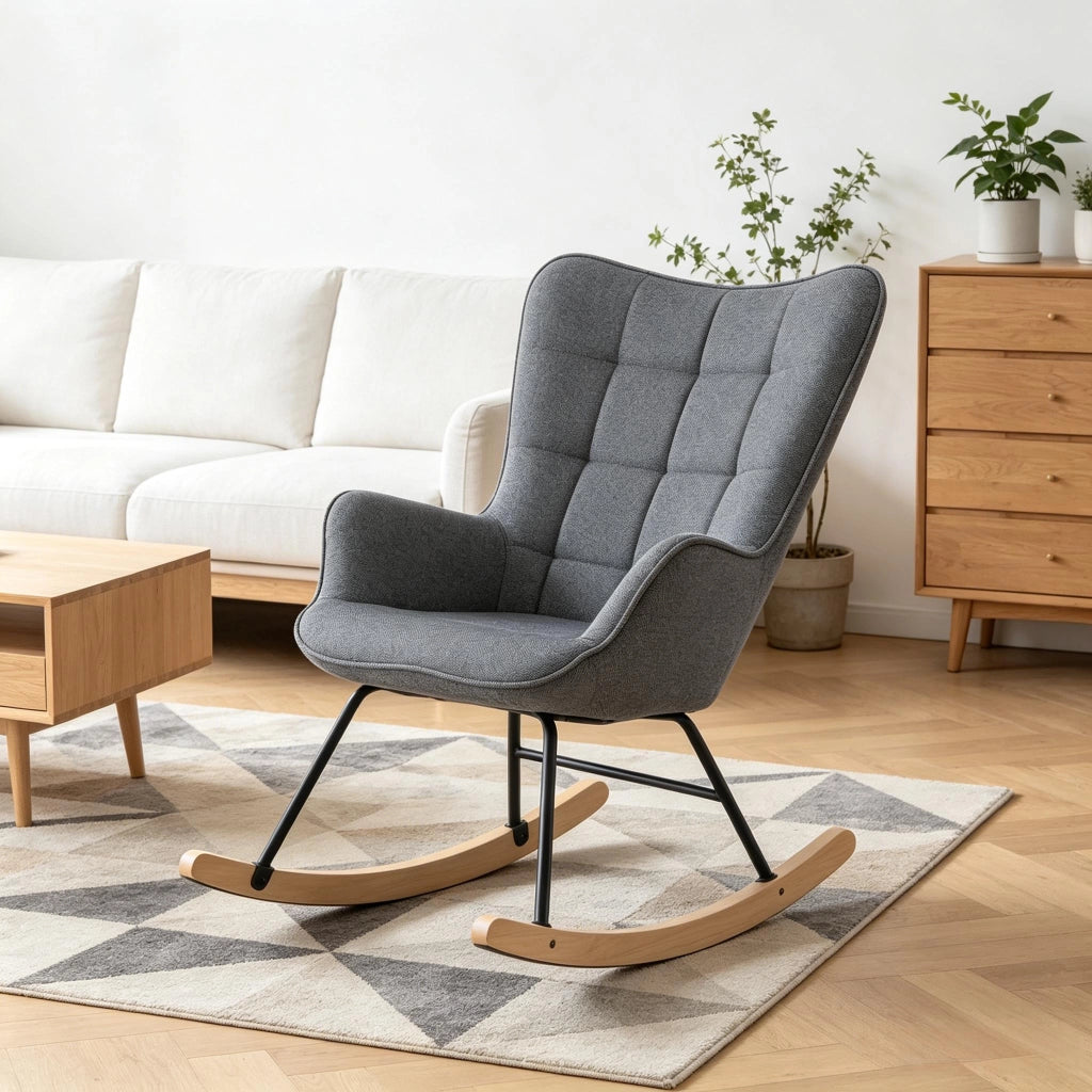 Poltrona a dondolo in velluto con schienale alto e design ergonomico, seduta confortevole per relax grigio scuro
