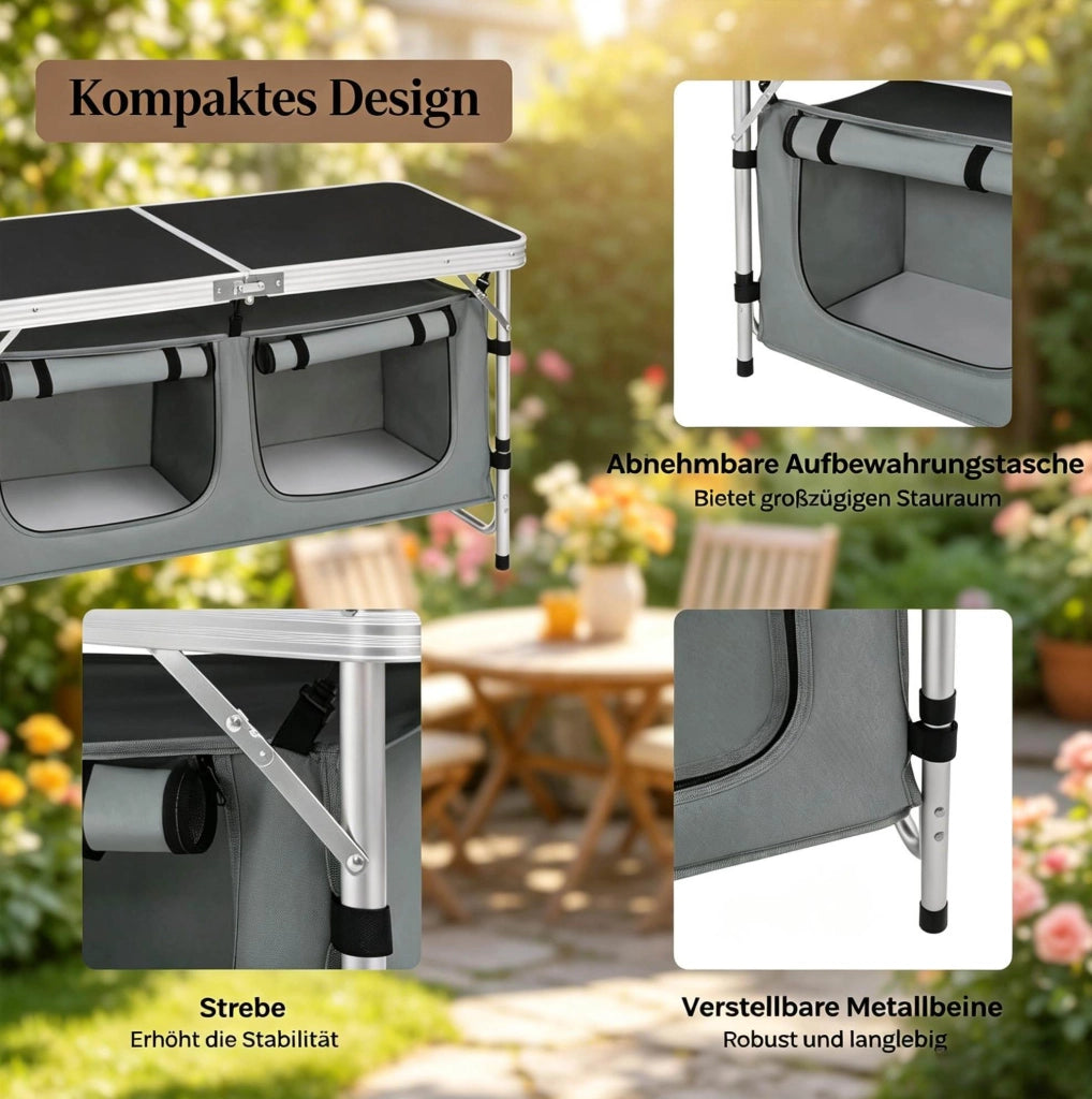 TAVOLO PIEGHEVOLE DA CAMPEGGIO 120 x 47 cm ALUMINIO MDF NERO/GRIGIO