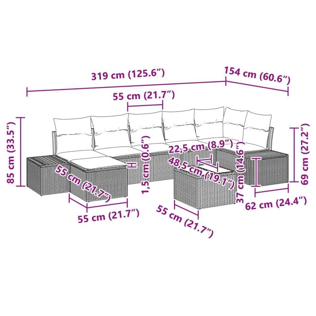 Set Divano da Giardino 8 Pezzi con Cuscini in Polyrattan Nero