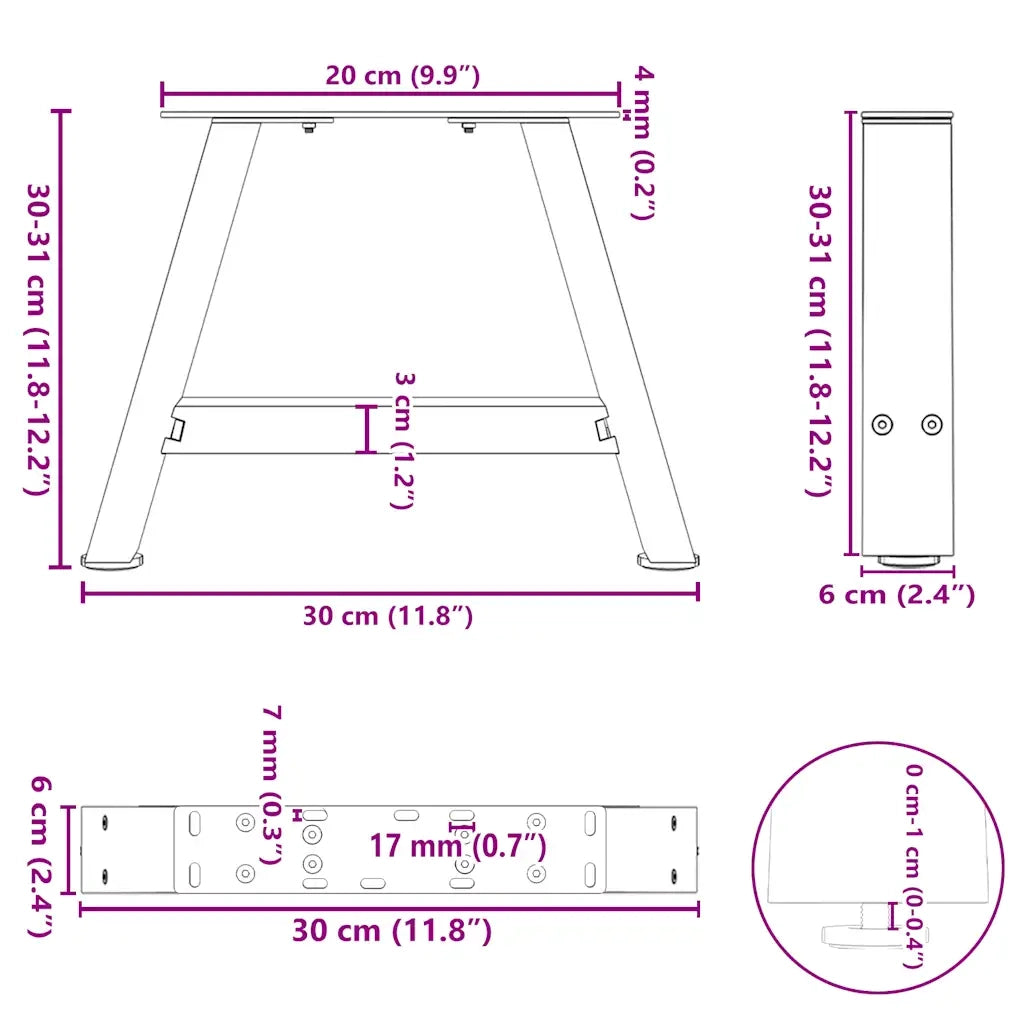 vidaXL Gambe per Tavolino da Caffè a Forma di A 2 pz Nere 30x(30-31) cm Acciaio