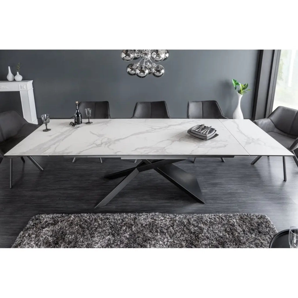 Table STELIX 180–220–260 cm – Piano in ceramica effetto marmo bianco e vetro temperato – Estendibile con gambe in metallo nero