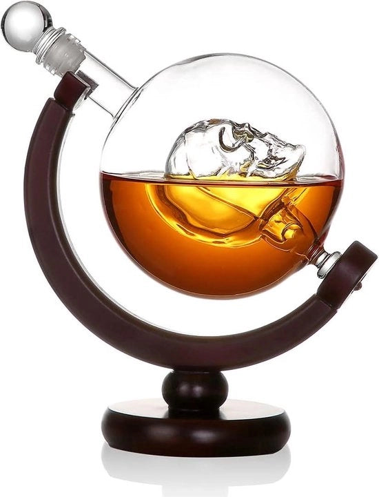 Decantatore a forma di teschio 850 ml in cristallo artigianale con base in legno decorazione per bar regalo per whisky bourbon regalo di compleanno