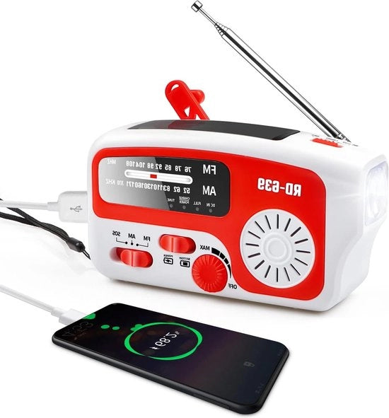 Radio portatile alimentato da energia solare con batteria ricaricabile - Capacità batteria 1200 mAh - Maniglia - Ricezione FM-AM - LED per lanterna - Utilizzo in situazioni di emergenza all'aperto - Ricaricabile