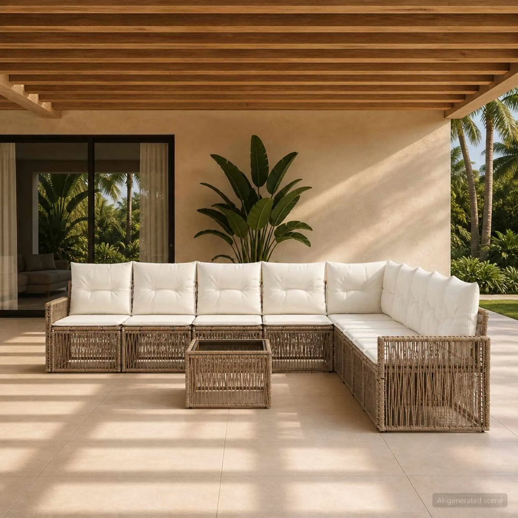 Set Divano da Giardino 10 pz Beige e Bianco Crema polyrattan 3435150