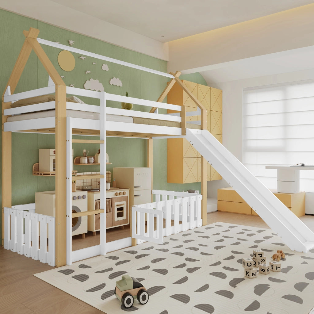 Etagenbett con scivolo bambini pino MDF compensato 90x200 cm