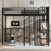 Letto a Castello in Ferro – Xylo – 120x200cm, Scala Angolare con Ripostiglio, Tavolo, Scaffale, Armadio Aperto, Nero/Legno