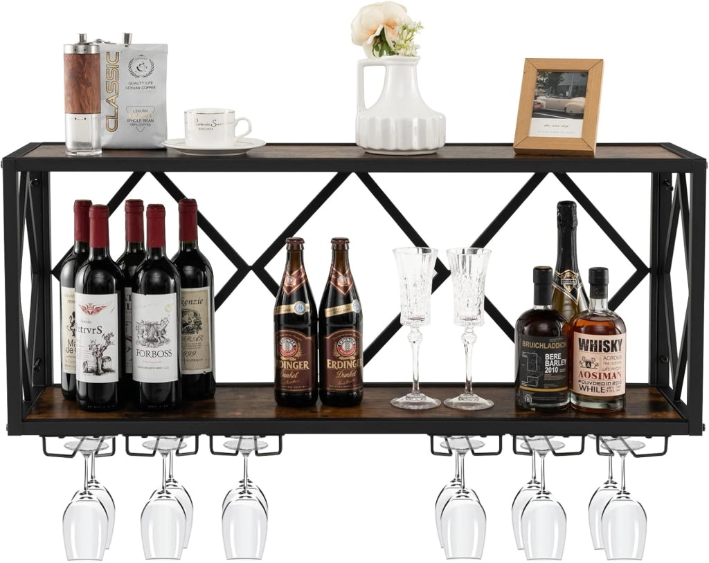 Scaffale Per Vino a Parete Con Supporto In Vetro, Scaffale Per Bottiglie a 2 Livelli, Portabottiglie Da Parete In Metallo, Per Bottiglie Di Vino, Industriale, 100 x 25 x 45 cm