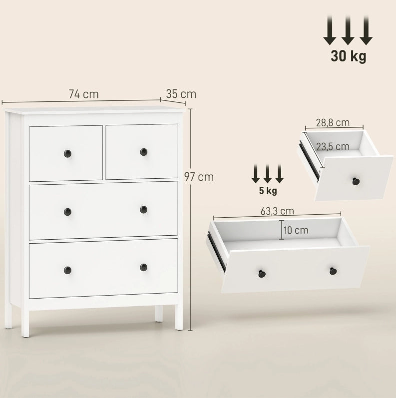 Cassettiera bianca con 4 cassetti; 74 x 35 x 97 cm