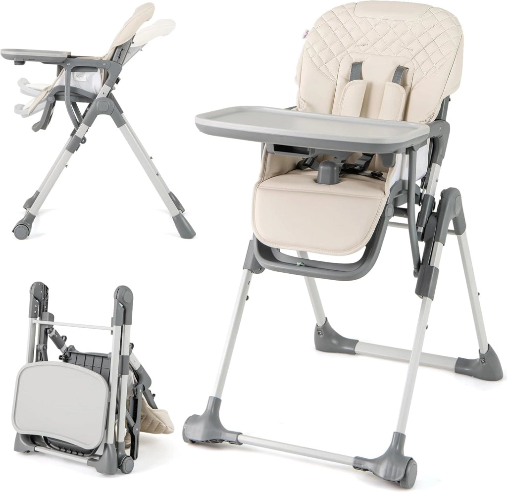Seggiolone Pappa Pieghevole, Seggiolone Evolutivo per Neonati con Poggiapiedi, Vassoio Staccabile, Altezza Regolabile, Cuscino Sede in PU, Cintura di Sicurezza, per Bambini 6-36 Mesi (Grigio)