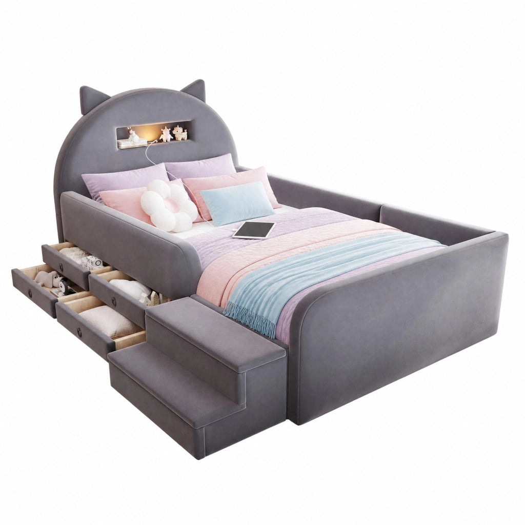 Letto imbottito per bambini 90x200 cm in velluto grigio scuro; testiera con luce notturna e USB
