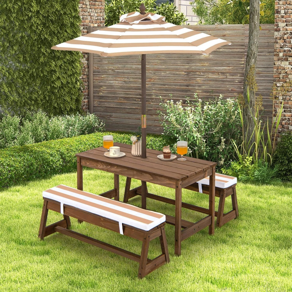 Tavolo da Picnic per Bambini con Parasole Pieghevole, Set di Tavolo e Panca in Legno con Cuscini, per Giardino, Cortile, Patio (Marrone)