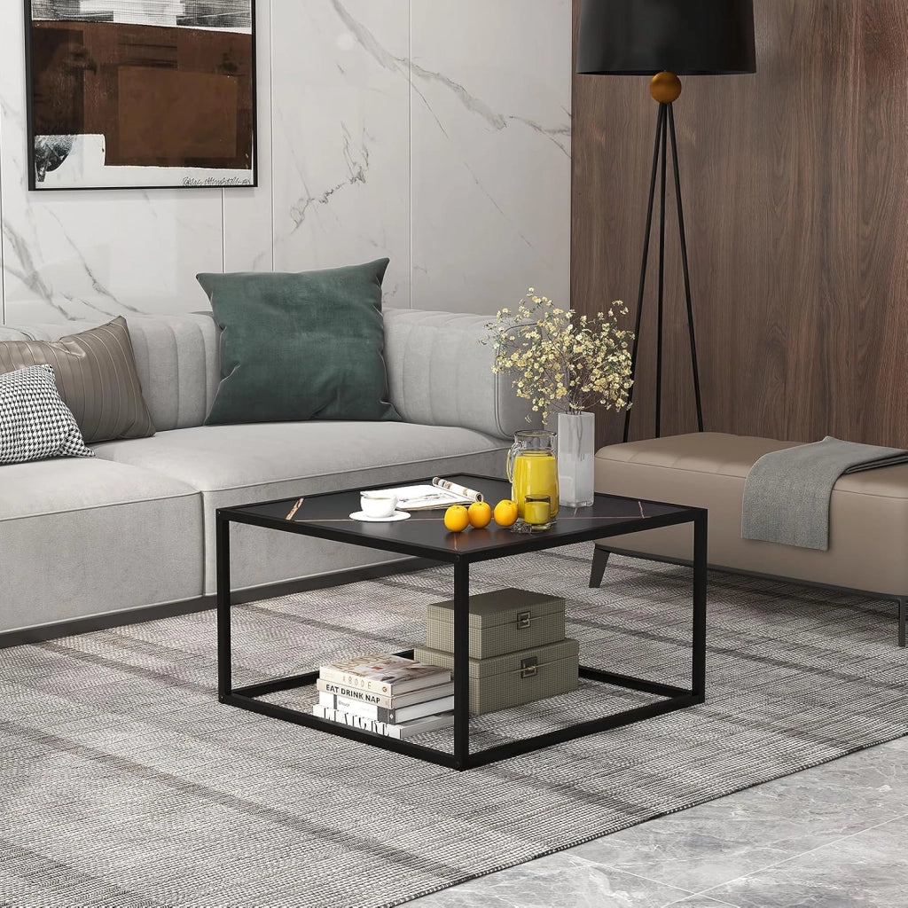 Tavolino da Salotto in Legno, Tavolino Basso con Piano in Finto Marmo e Struttura in Acciaio, Tavolino Basso per Soggiorno e Ufficio, Portata Massima 45 kg, 70 x 70 x 40 cm (Nero)