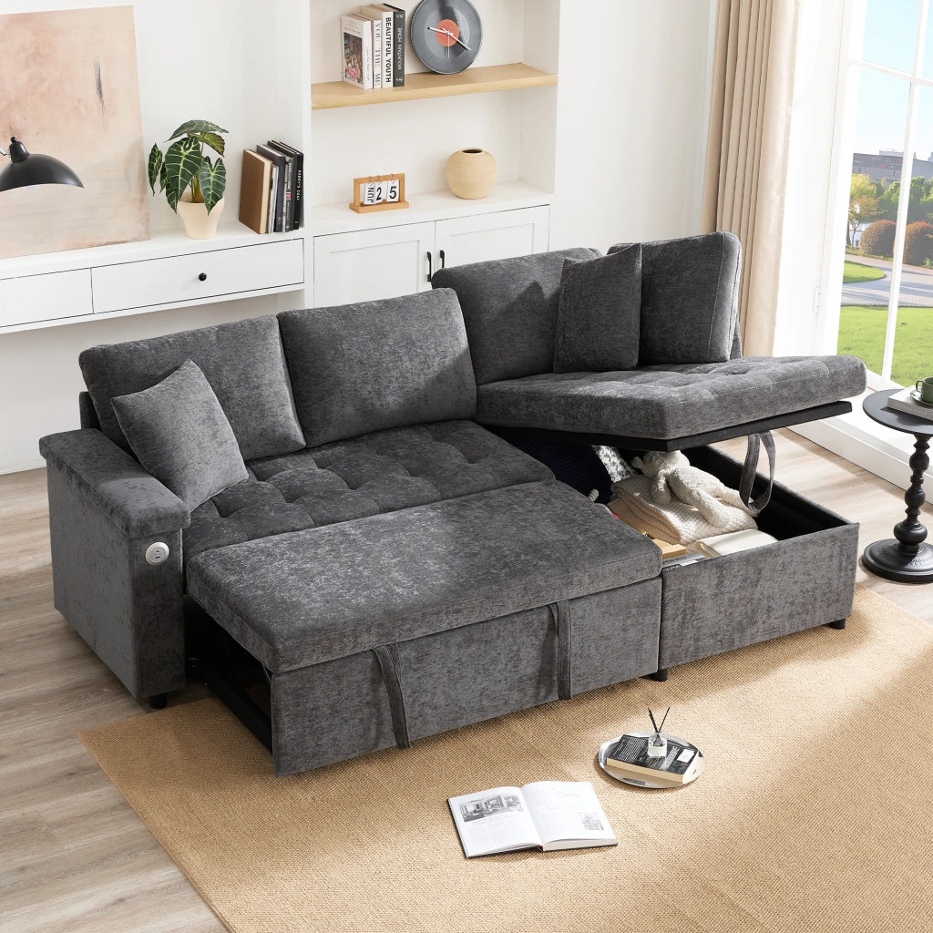 Divano angolare convertibile in chenille con funzione letto, contenitore, USB e portabicchieri per soggiorno grigio scuro