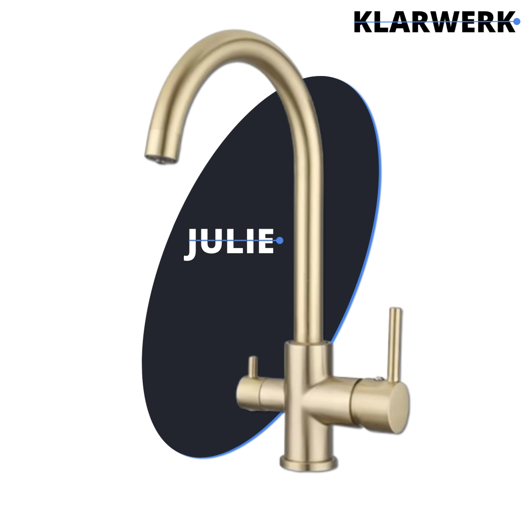 JULIE | Rubinetto per acqua potabile a 3 vie Gold| da cucina ad osmosi in acciaio inossidabile | miscelatore: ruotabile a 360° | Filtra 3 connessioni