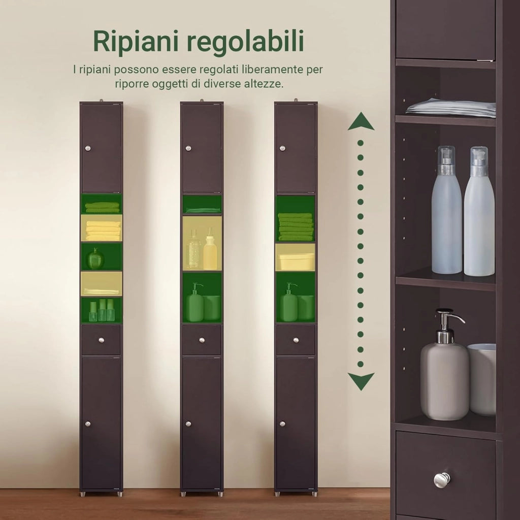 Mobile Bagno Stretta – Colonna Bagno Idrorepellente, Alto con Ripiani Regolabili e Cassetto – Armadietto Salvaspazio, MDF, Marrone scuro, 20x180x20cm, BZR34-II-BR