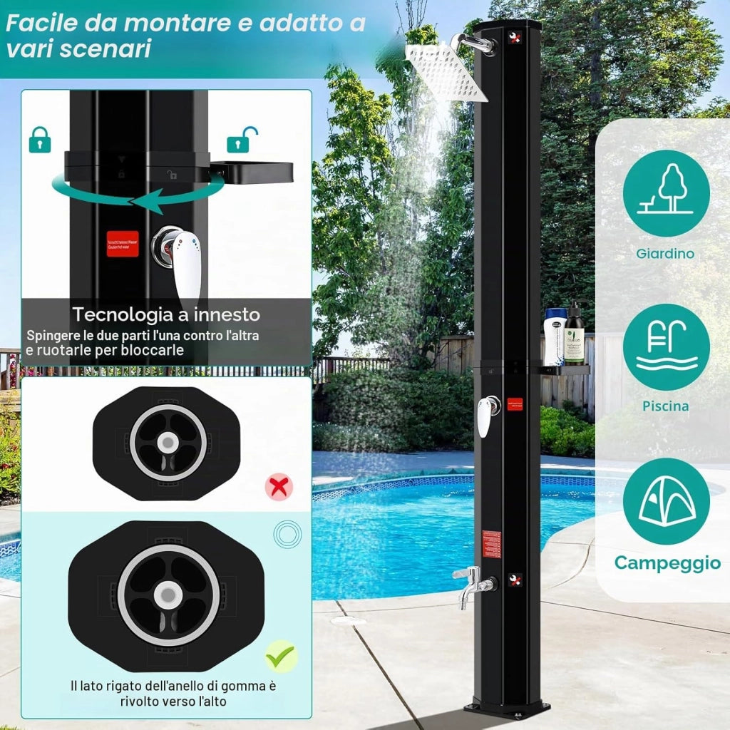 Doccia Solare 60 L, Doccia Solare da Giardino, con Soffione, Rubinetto, Scatola di Sapone e Custodia Protettiva, Acqua Calda fino a 60 °C, Attacco per Tubo da Giardino, Doccia per Piscina e Campeggio