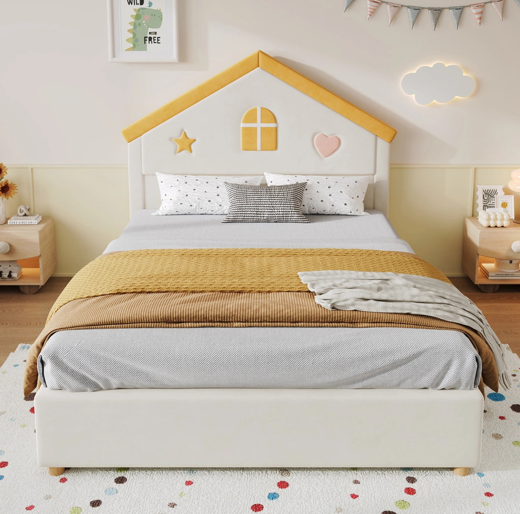 Letto per bambini 140x200 cm imbottito beige con 4 cassetti e testiera a casetta HAVRYA