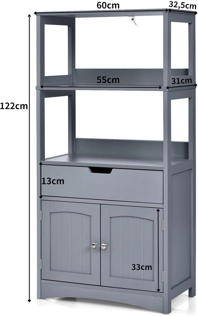 Armadietto del bagno con cassetto e mensola, armadio con 2 mensole aperte e 2 ante, armadietto per cucina, ingresso, salone e camera da letto, armadietto in legno (Grigio)