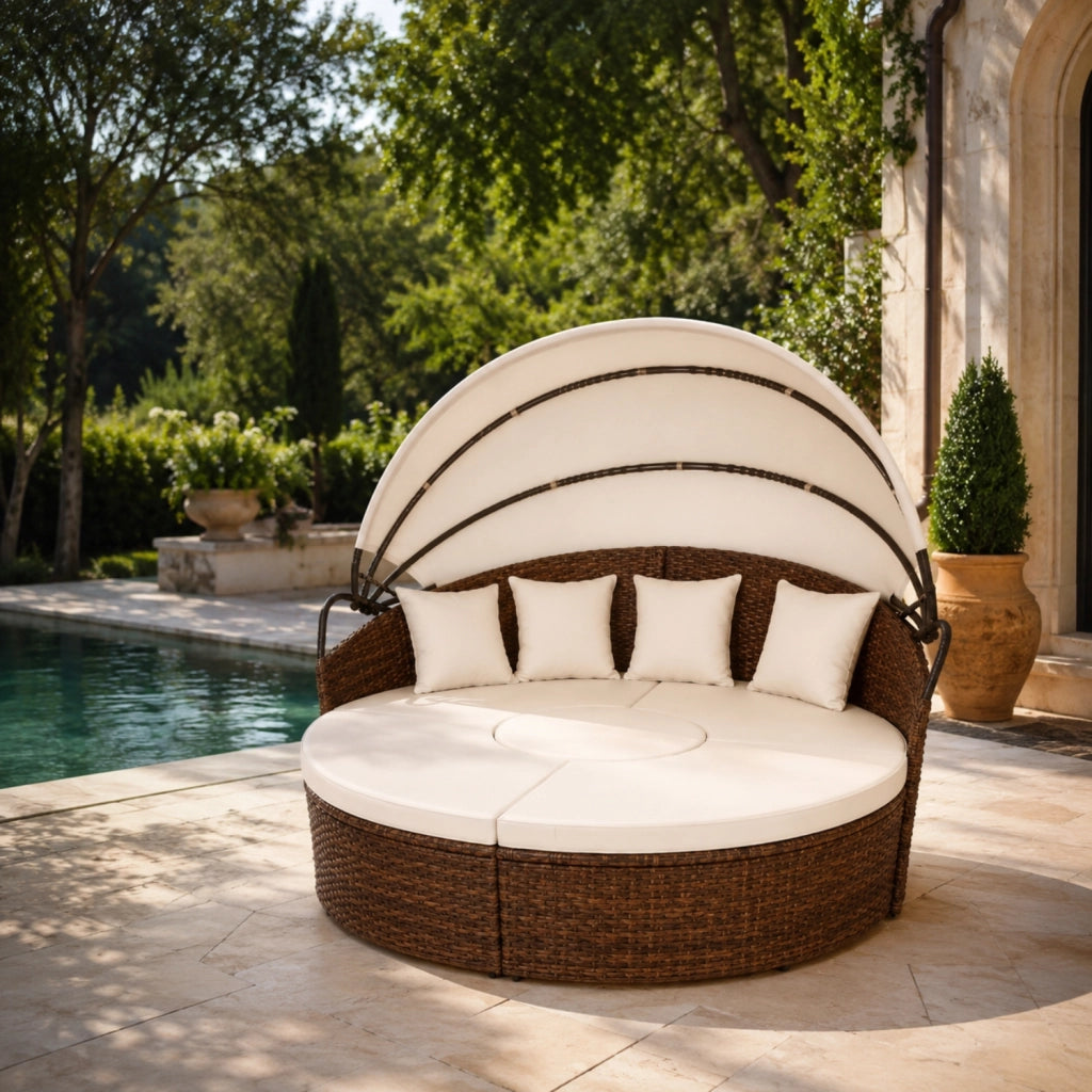 Isola Prendisole Modulare In Polyrattan Con Set Arredo Da Esterno Completo Di Tavolino Integrato E Quattro Cuscini E Tettuccio Parasole Pieghevole Per Giardino Terrazza Beige E Marrone