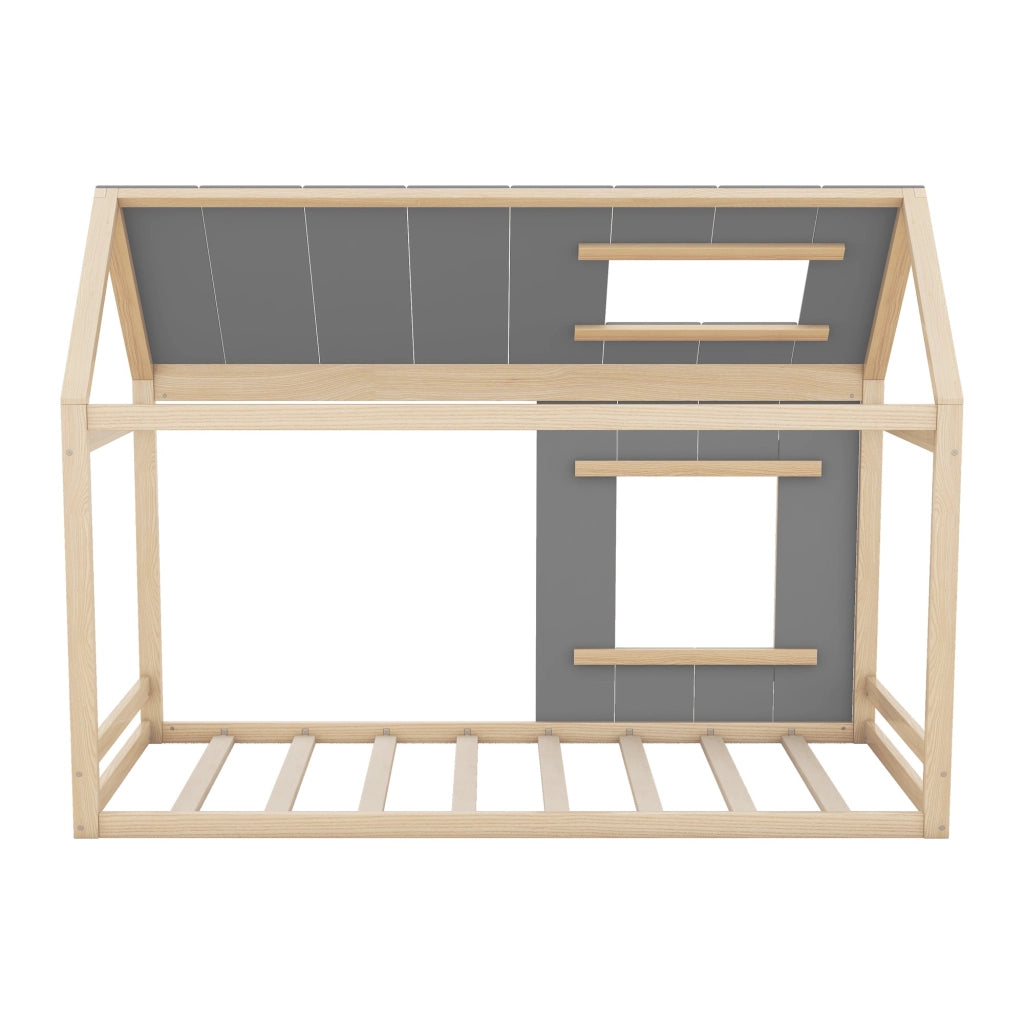 Letto per bambini 90×200 cm a casetta con tetto e finestra; senza materasso; legno e MDF; naturale