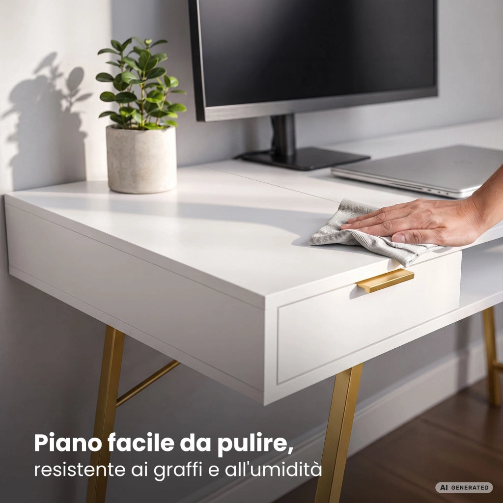 Scrivania industriale per computer Bianca ARDEN 120 cm 2 cassetti 1 ripiano gambe dorate