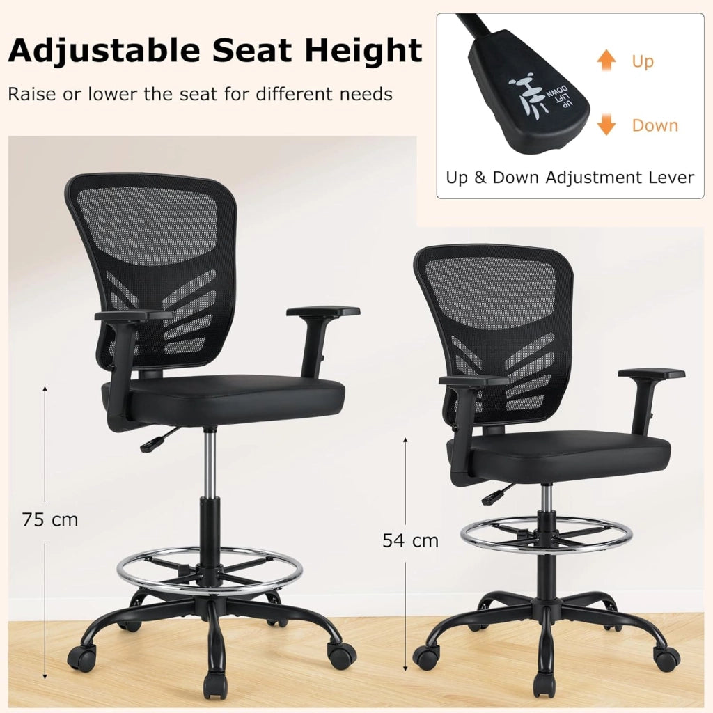 Sedia da Disegno Regolabile in Altezza, Sedia da Lavoro Girevole con Schienale Confortevole, Braccioli e Poggiapiedi Regolabili, Poltrona Ergonomica con 5 Ruote, per Casa, Ufficio, Studio