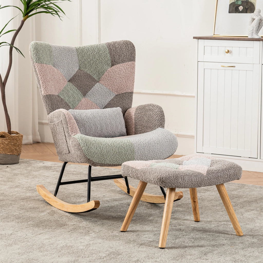 Sedia a dondolo in velluto multicolore, seduta 43 cm, poggiapiedi e cuscino lombare inclusi, struttura in legno