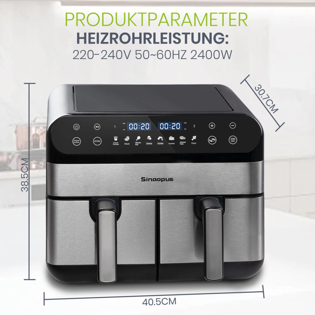 Friggitrice ad aria ULEVR 10 L 2400 W a doppio cestello, display LED touch, 8 programmi, nera