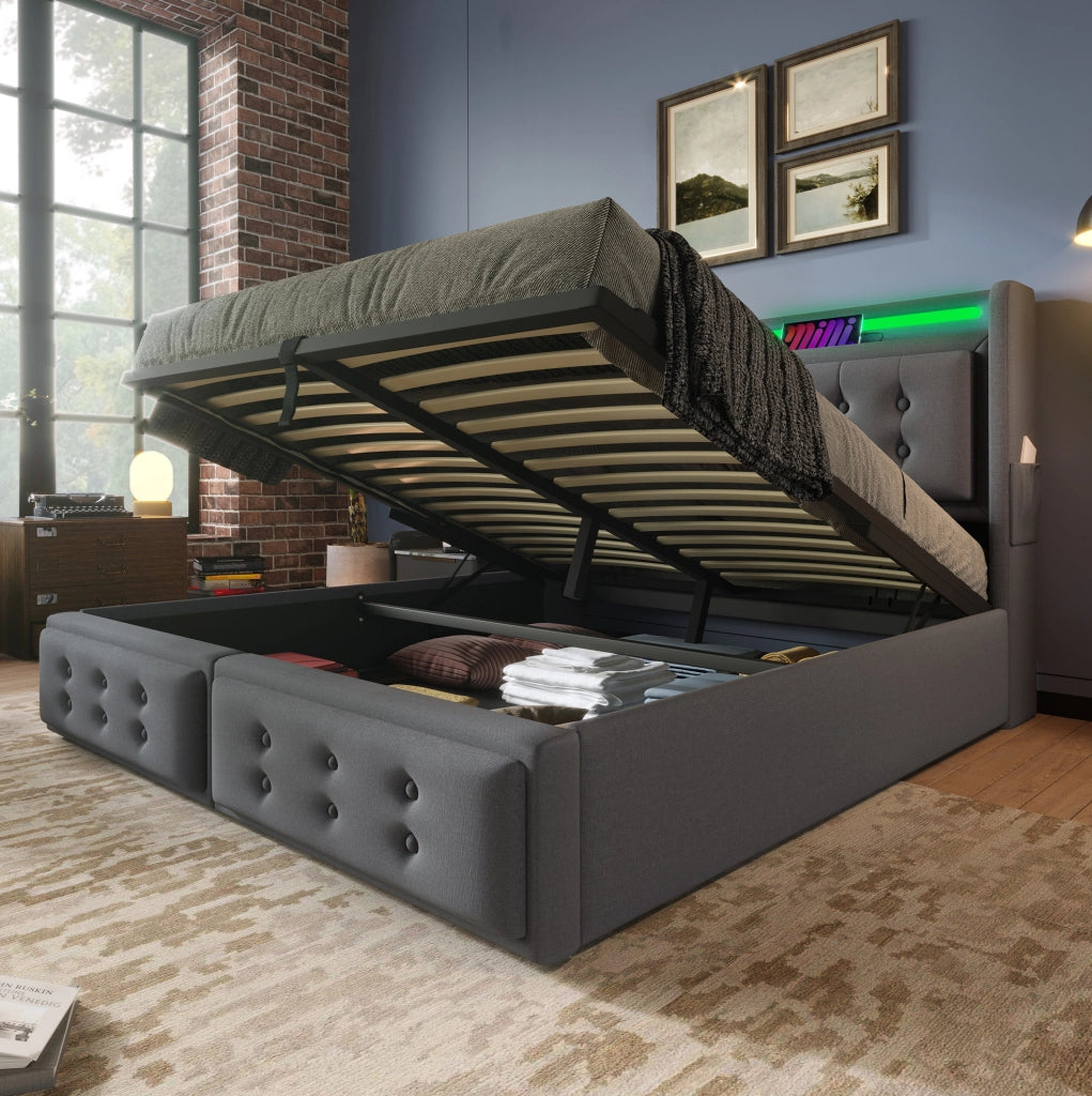 Letto matrimoniale imbottito ULEVR 180x200 cm con contenitore, LED, prese USB e Type-C, grigio