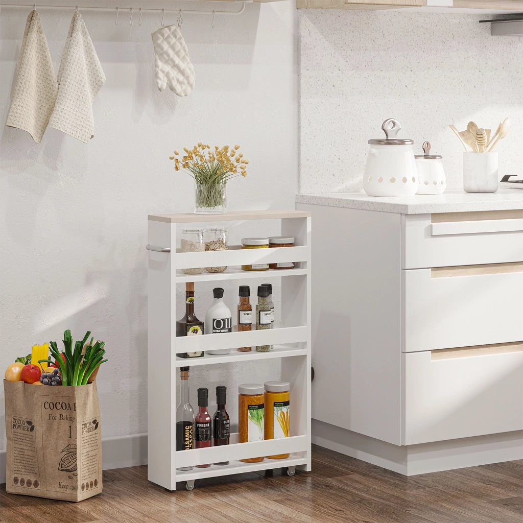 Carrello Bagno Salvaspazio a 3 Ripiani con Rotelle e Maniglia in Legno, 48x15x80cm, Bianco