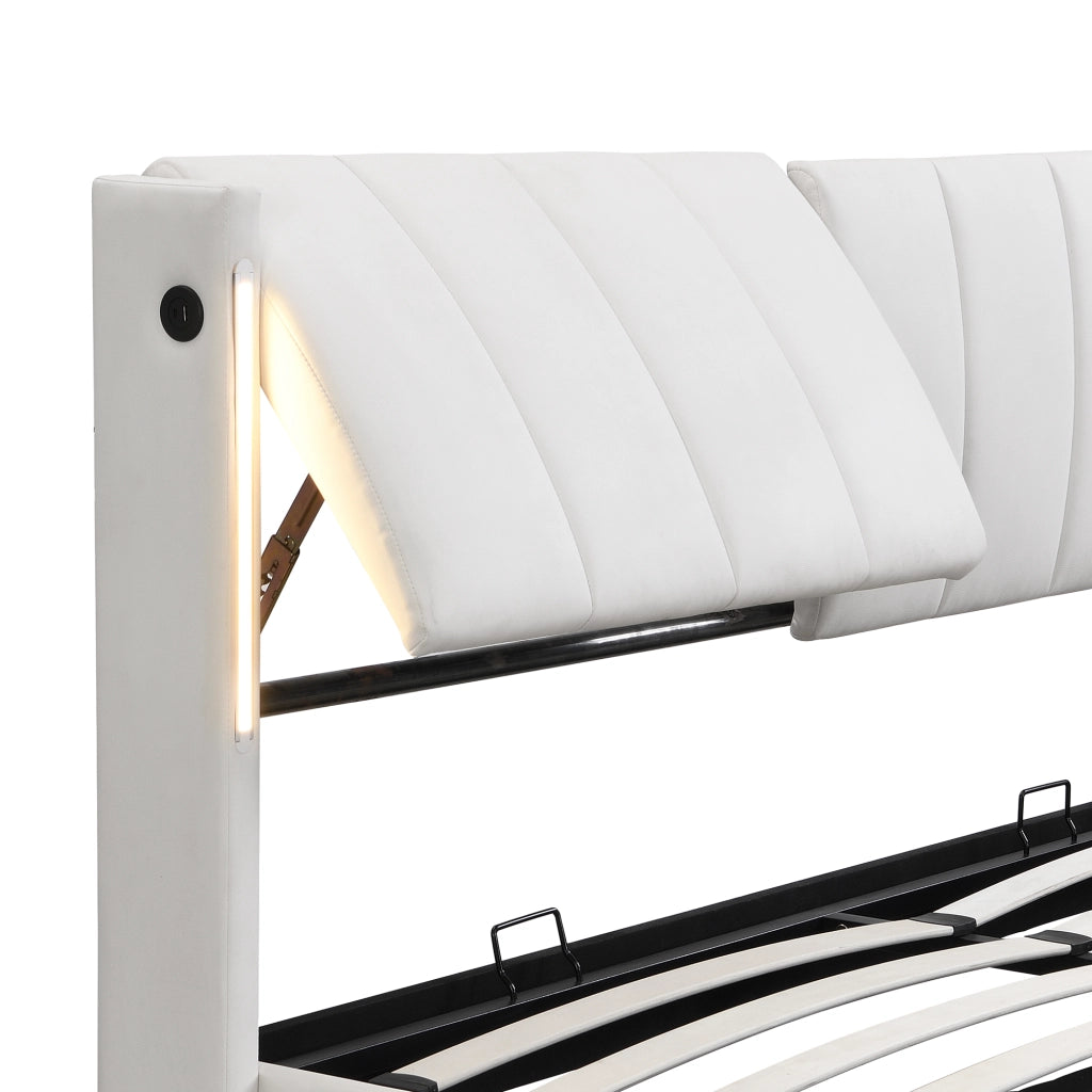 Letto Matrimoniale 180x200 cm con USB; LED; Contenitore e Testiera Regolabile; Bianco