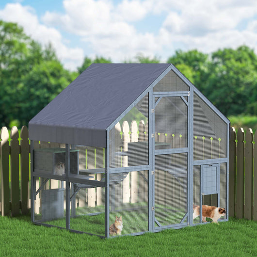 Recinto per gatti da esterno 140 x 187 x 187 cm, recinzione antifuga in legno con telo di copertura impermeabile per il tetto, diversi livelli, per giardino, balcone, terrazzo