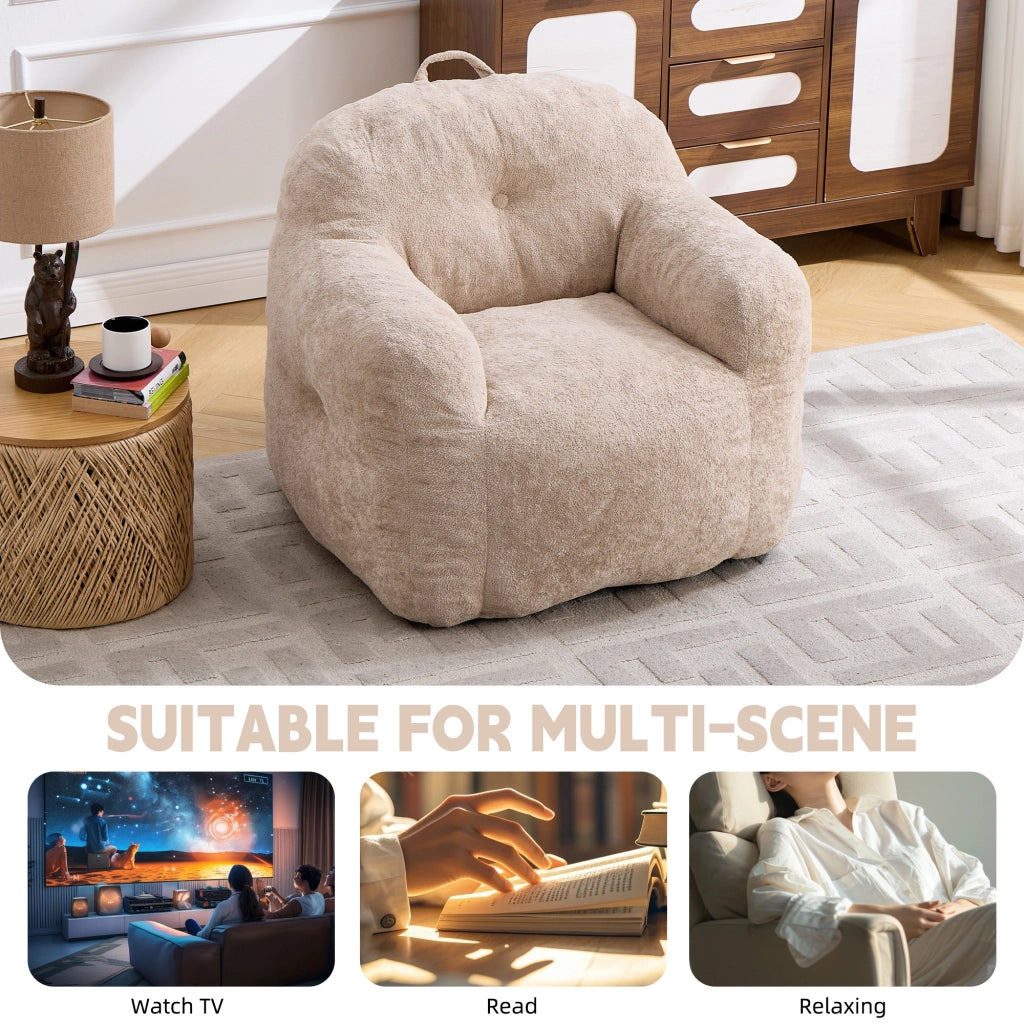 Pouf poltrona ergonomico con schienale avvolgente e braccioli per salotto e lettura in pelliccia sintetica beige