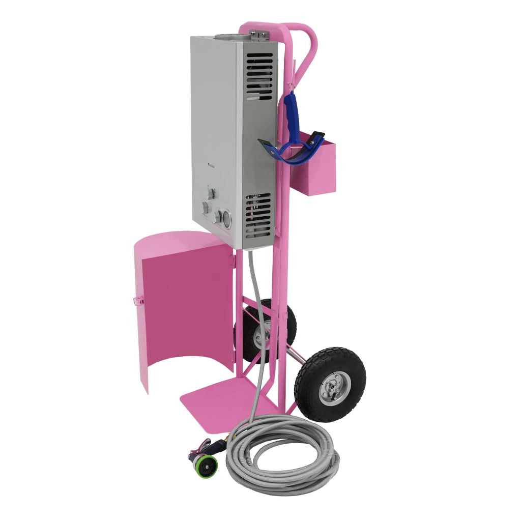 Doccia portatile per cavalli con carrello rosa, serbatoio 18L, tubo 10m.
