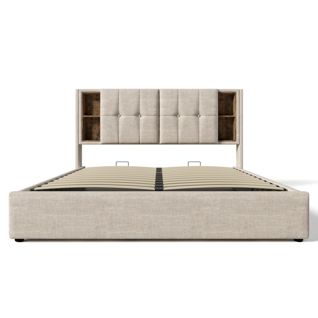 Letto matrimoniale 160x200 in lino naturale con ricarica wireless, USB-C, contenitore e rete in legno