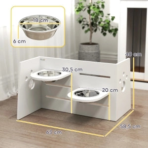 Ciotola rialzata per cani con doppio lato e 3 altezze regolabili, tappetino antiingozzamento, in MDF bianco 63 × 58,5 × 40 cm