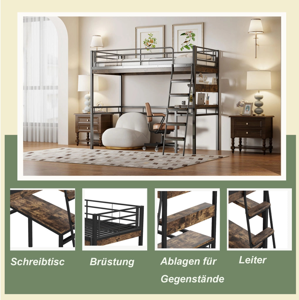 Letto a soppalco 90x200 cm con scrivania e ripiani, nero