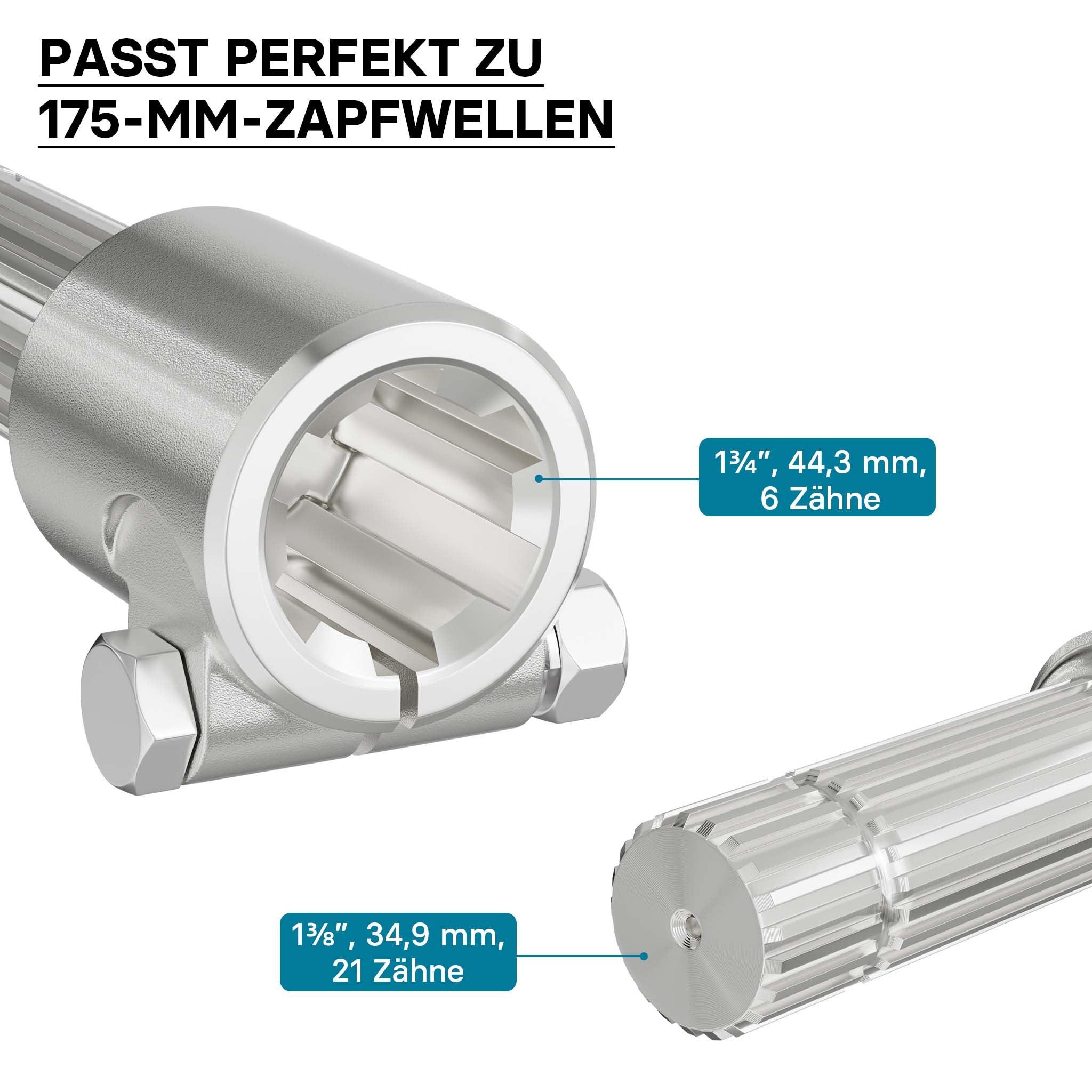 Boccola albero cardanico 175 mm Attacco albero scanalato 1 3/4" 6D Albero uscita 1 3/8" 21D Trattore