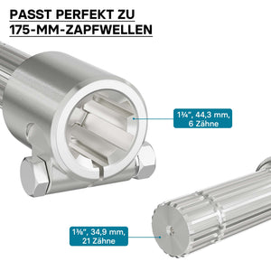 Boccola albero cardanico 175 mm Attacco albero scanalato 1 3/4" 6D Albero uscita 1 3/8" 21D Trattore