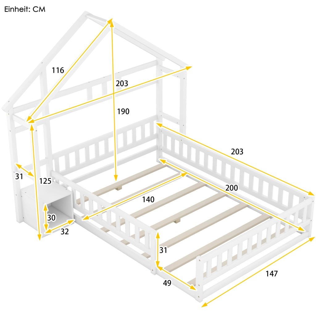 Letto per bambini a forma di casetta 140x200 cm con sponda di sicurezza e comodino; bianco