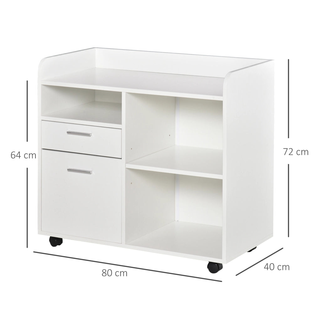 Scrivania per stampante con 3 scomparti, 2 cassetti, scaffale e ruote ¨C zephmum ¨C 80x40x72 cm bianco