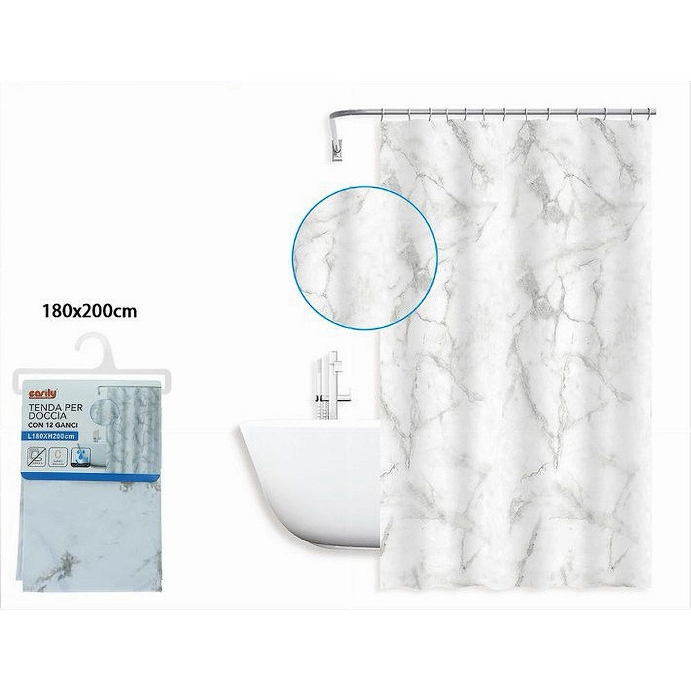 Trade Shop - Tenda Doccia Vasca Bagno Impermeabile Marmo Bianco 180x200cm Con 12 Anelli 87593 -